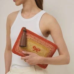 Anya Hindmarch AH Tassel Bow Clutch in Orange Multi Raffia