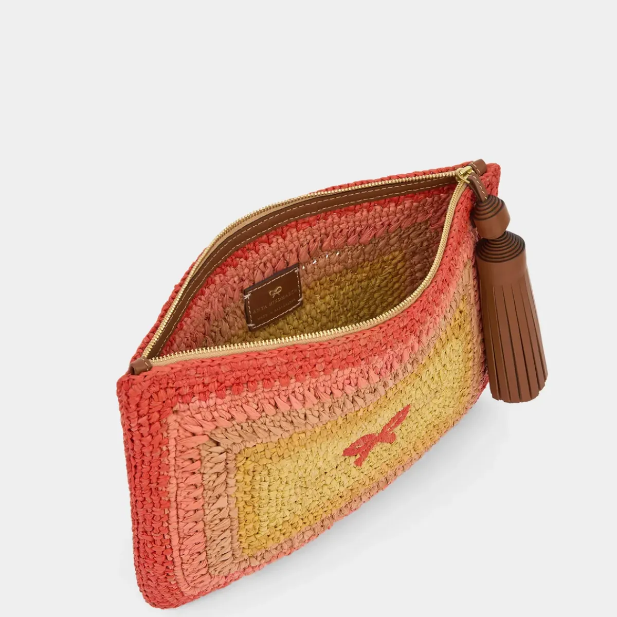 Anya Hindmarch AH Tassel Bow Clutch in Orange Multi Raffia