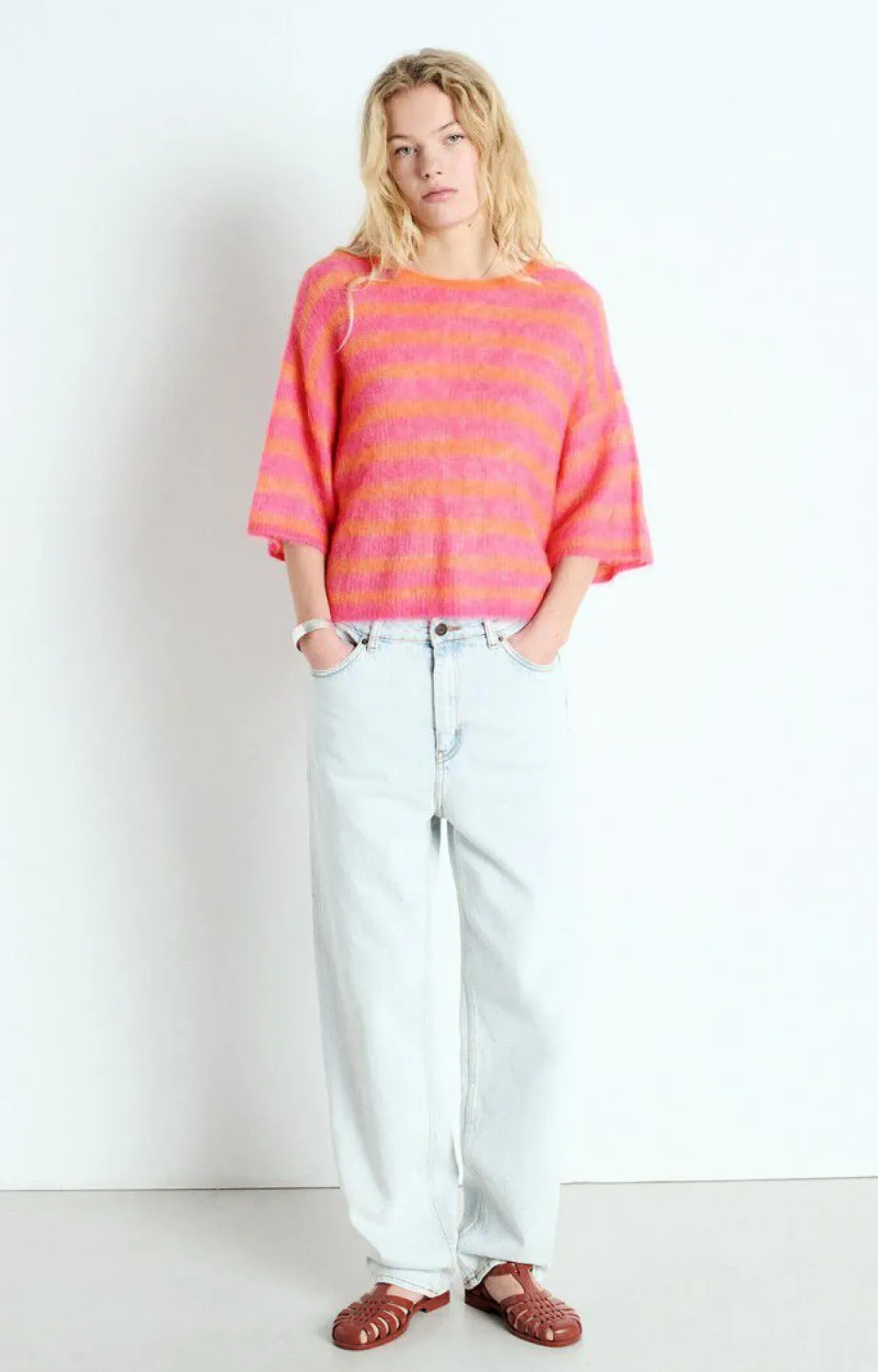 American Vintage AV Nenbay SS Stripe Knit in Orange, Hibiscus