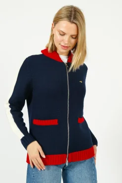 Bella Freud BF College Zip Up Bomber Jacket in Navy, Red