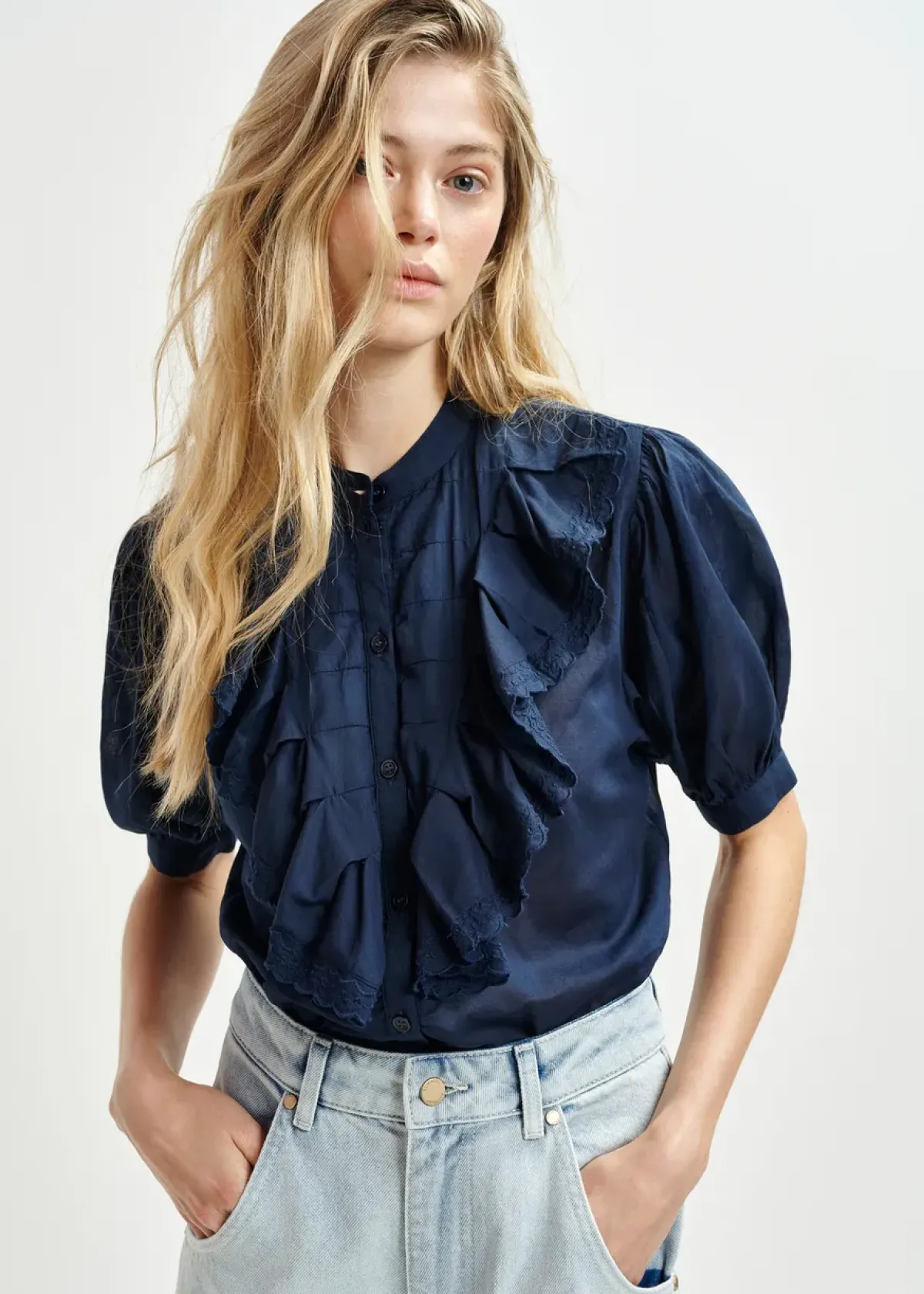Essentiel Antwerp EA Hamadeus Ruffle Detail Shirt in Dark Sapphire