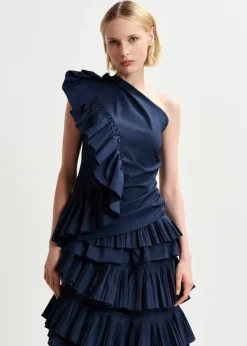Essentiel Antwerp EA Haven Asymmetric Ruffle Top in Dark Sapphire