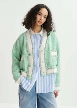 Essentiel Antwerp EA Hoola Cropped Fringe Jacket in Neptune Green