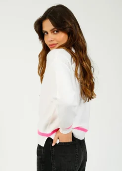 Jumper 1234 JU Heavy Trim Crew in Maritime White, Neon Pink