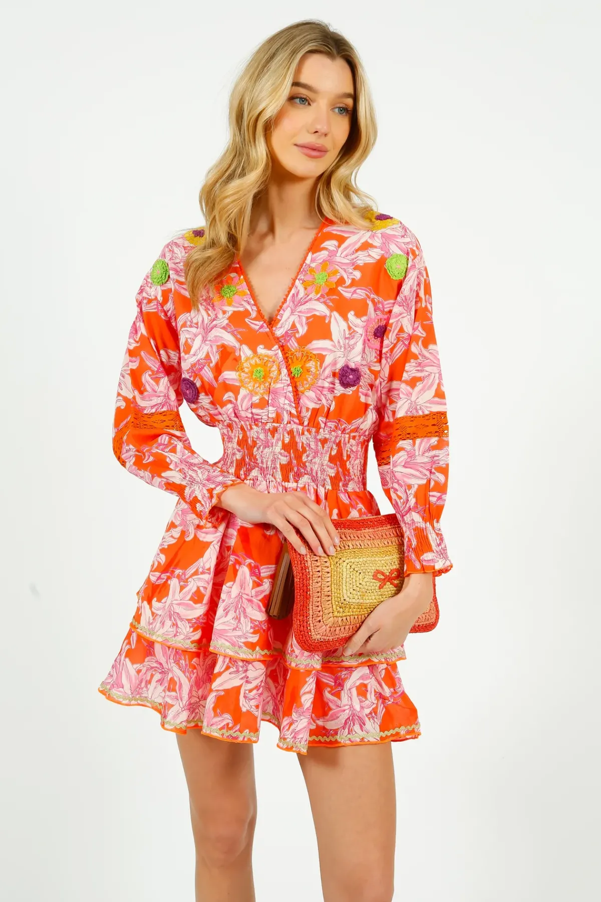 Place Du Soleil PDS 423 Lelies Short Dress in Orange, White