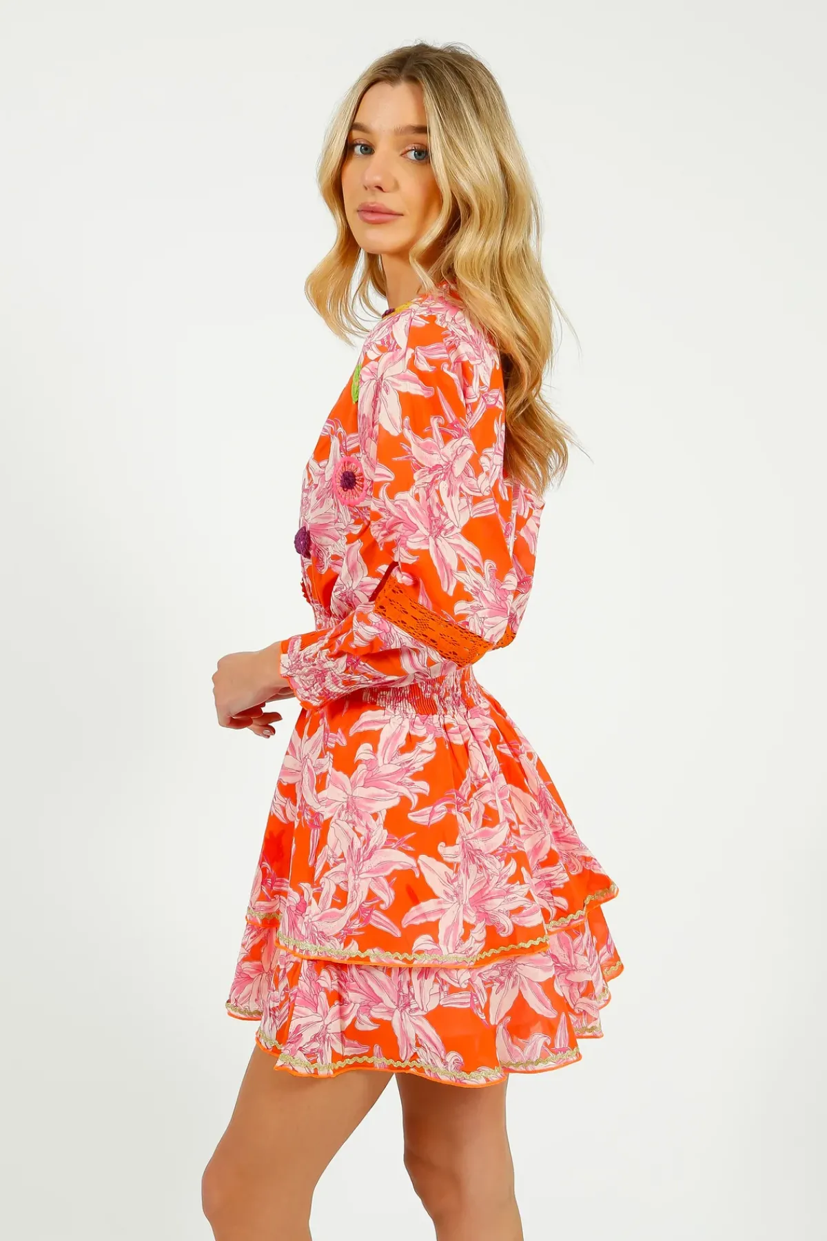 Place Du Soleil PDS 423 Lelies Short Dress in Orange, White