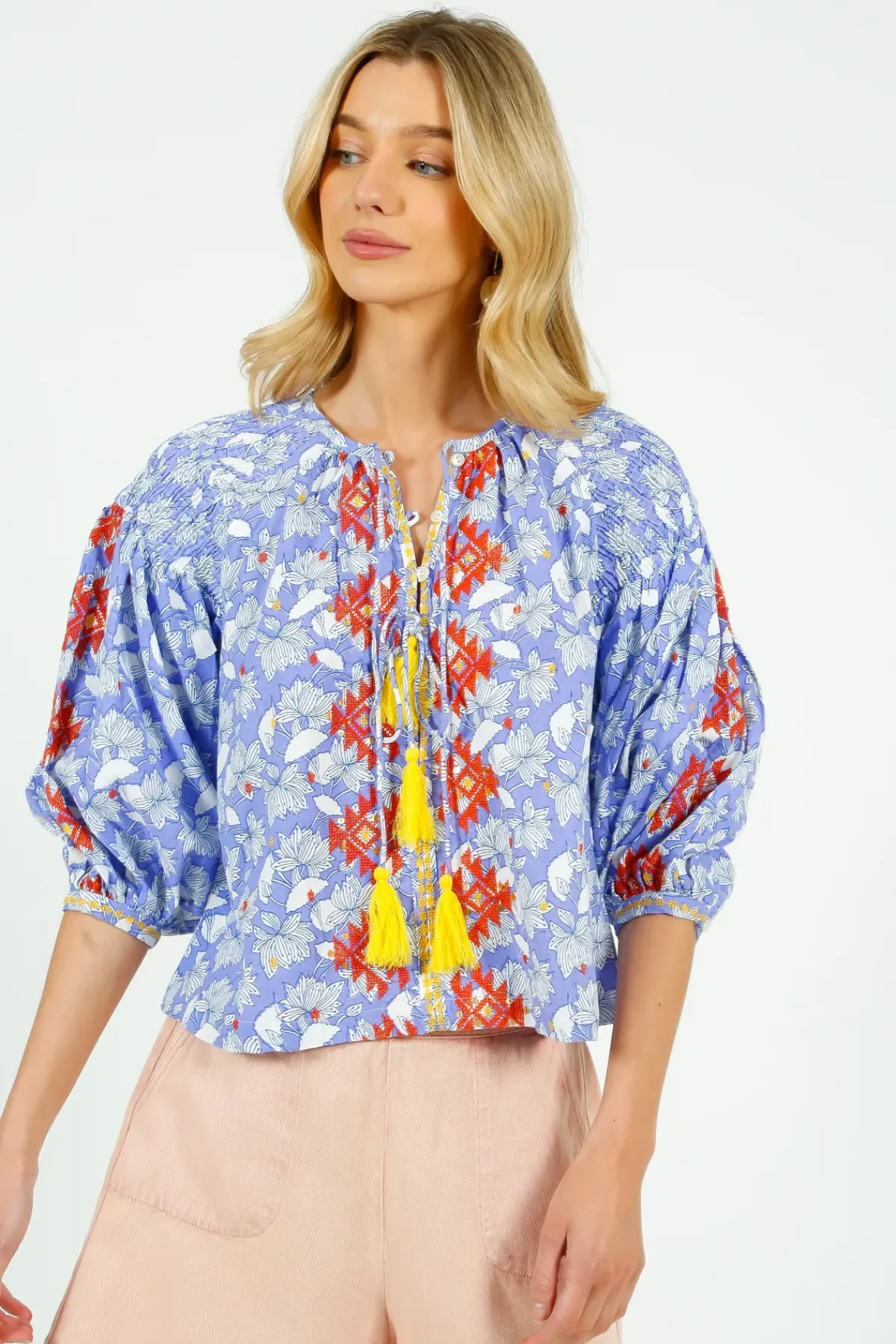 Place Du Soleil PDS 327 Lila Print Blouse with Orange Emb
