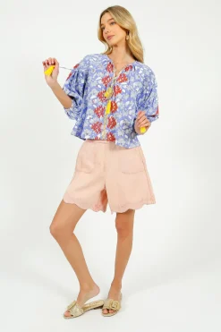 Place Du Soleil PDS 327 Lila Print Blouse with Orange Emb