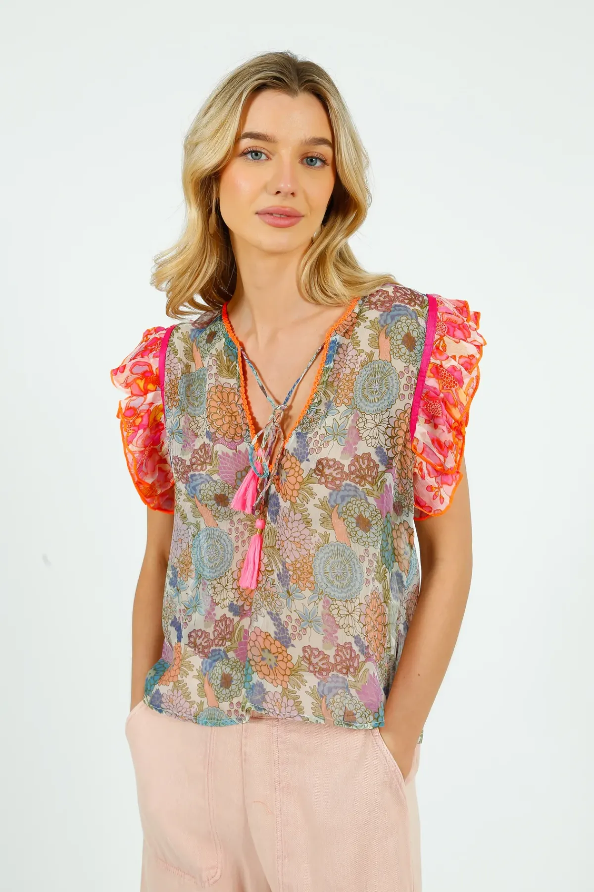 Place Du Soleil PDS 427 Rosa Frill Top in Green, Blue