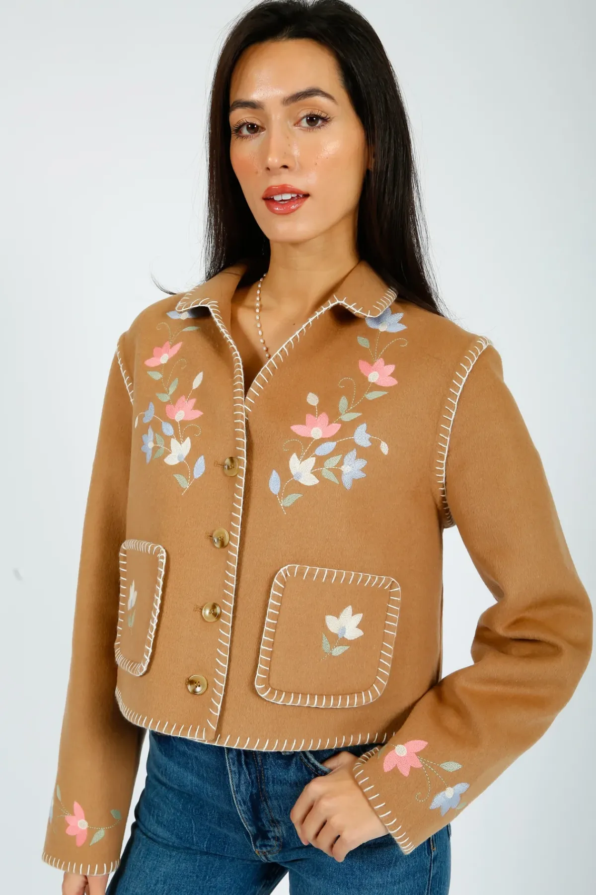 Rixo Sunday Jacket in Petal Embroidery Tan