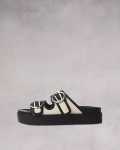 Rag u0026 Bone Ru0026B Geo Buckle Platform Slide in Antique Black, White