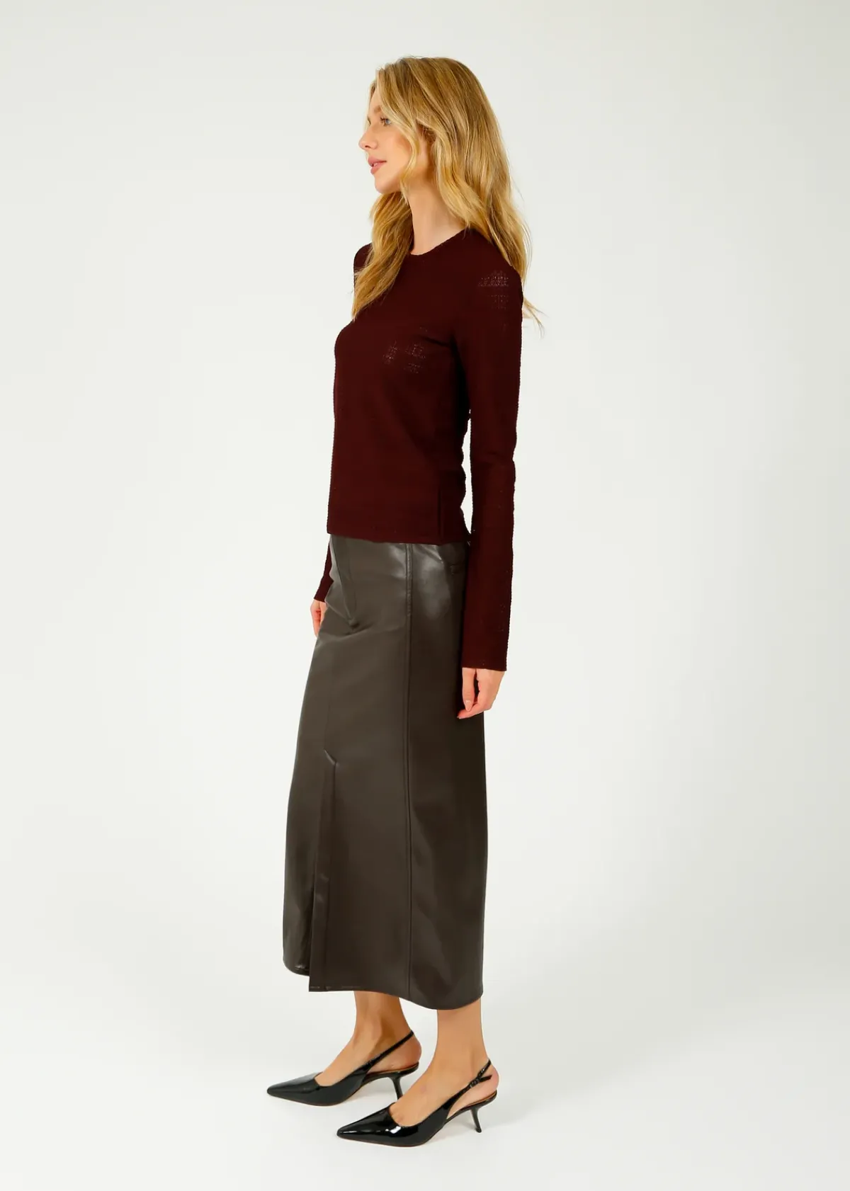 Rag u0026 Bone Ru0026B Rayne Faux Leather Midi Skirt in Dark Brown