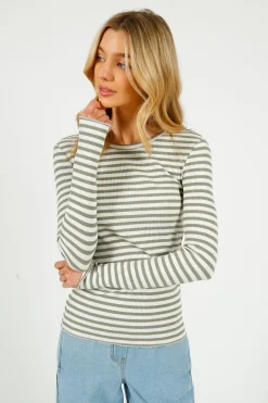 Selected Femme SLF Anna LS Crew in Vetiver, Snow White Stripe