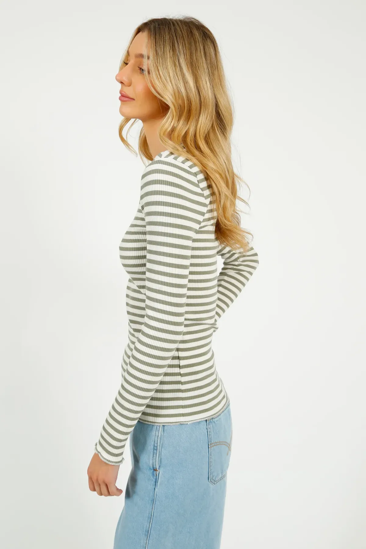 Selected Femme SLF Anna LS Crew in Vetiver, Snow White Stripe
