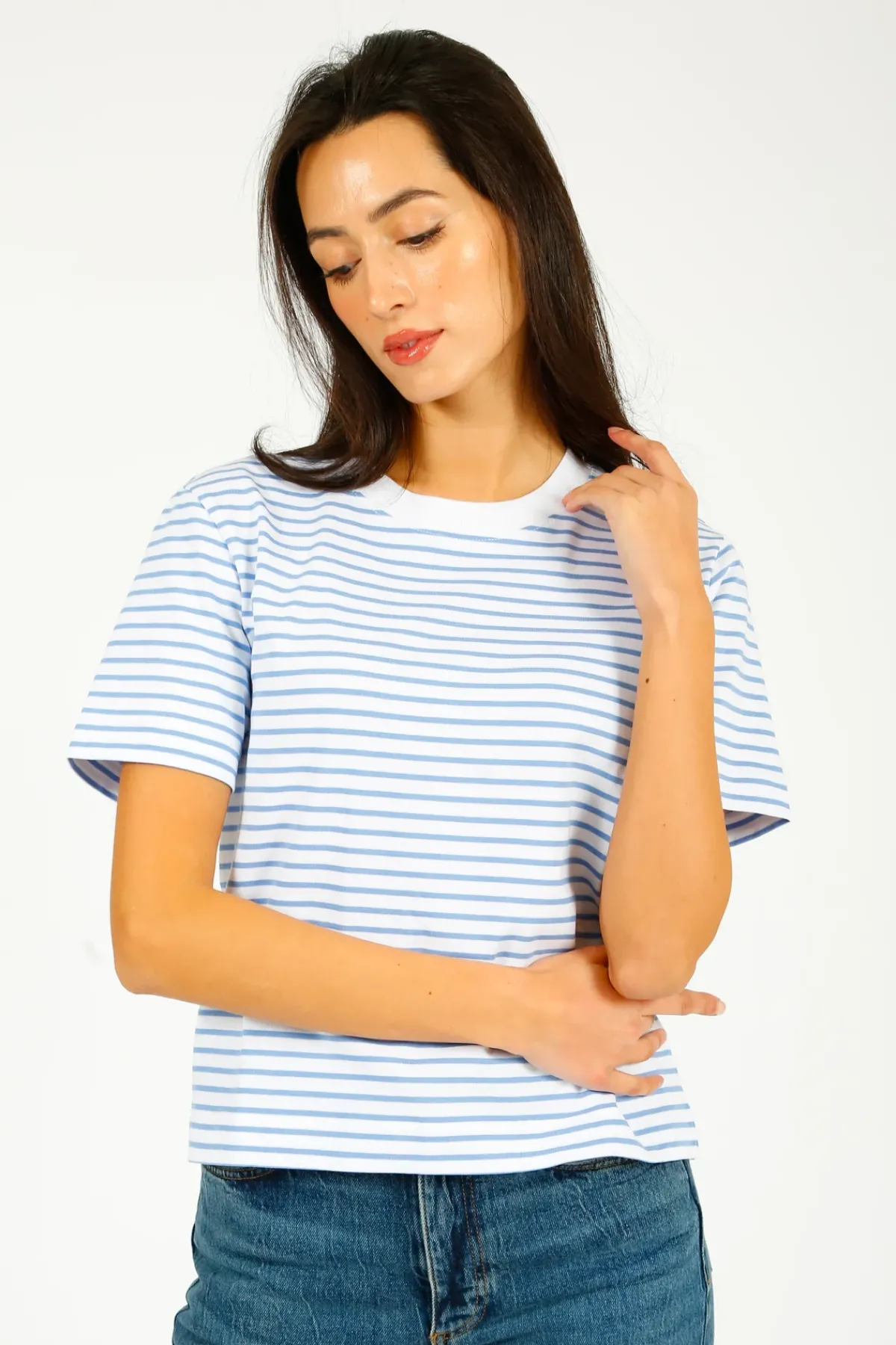 Selected Femme SLF Essential SS Boxy Striped Tee in Cornflower, White