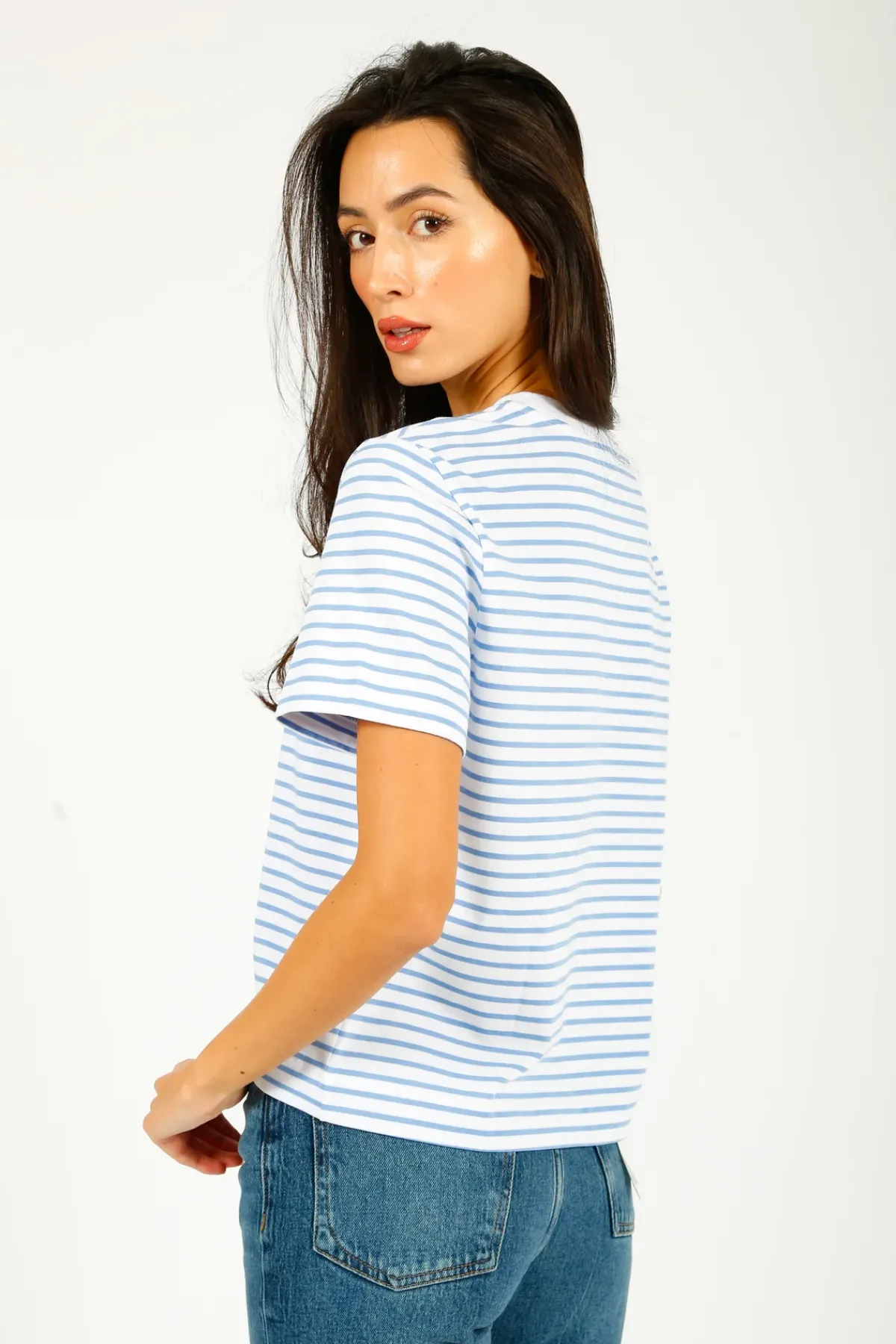 Selected Femme SLF Essential SS Boxy Striped Tee in Cornflower, White