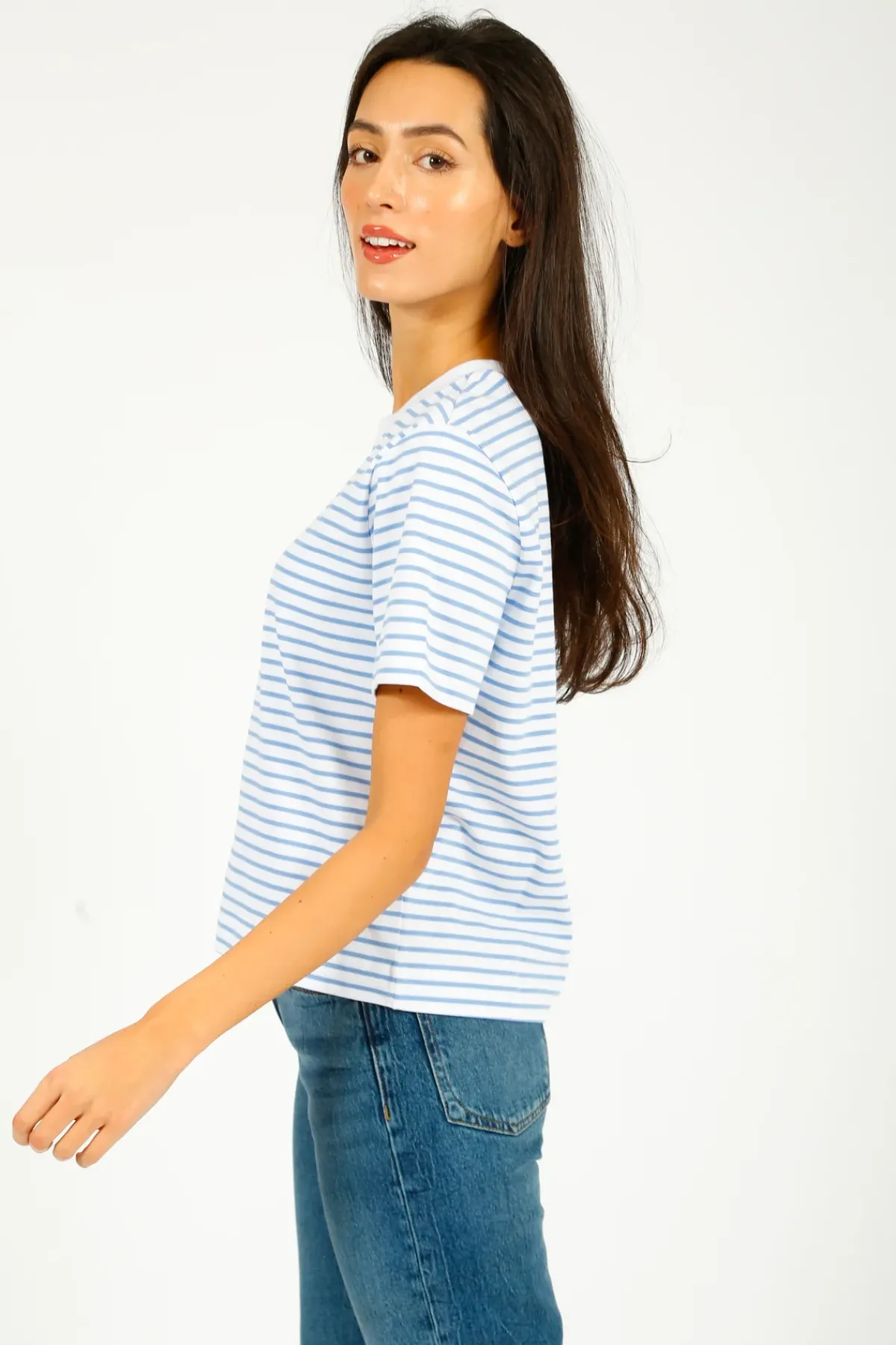 Selected Femme SLF Essential SS Boxy Striped Tee in Cornflower, White