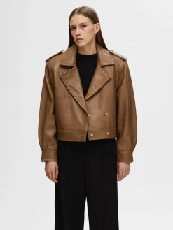 Selected Femme SLF Glove Leather Jacket in Coca Mocha