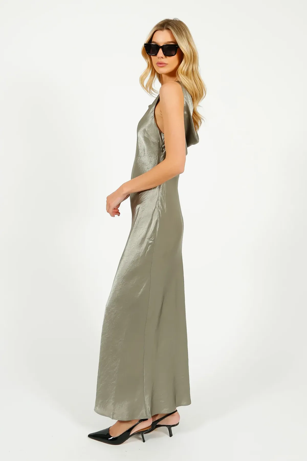 Selected Femme SLF Selene Cowl Back Midi Dress in Vetiver