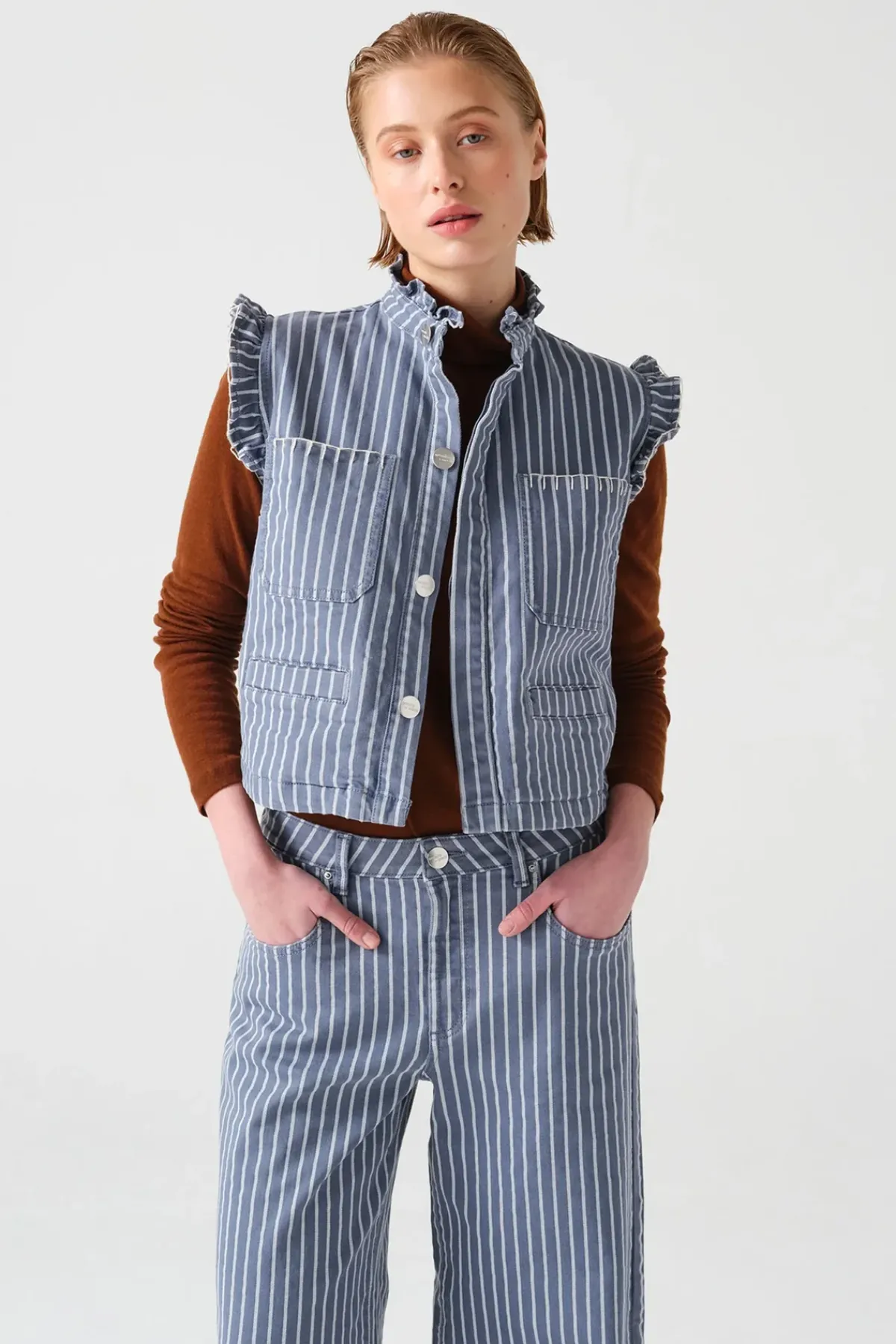 Seventy+Mochi Su0026M Pablo Waitscoat in Washed Denim Stripe