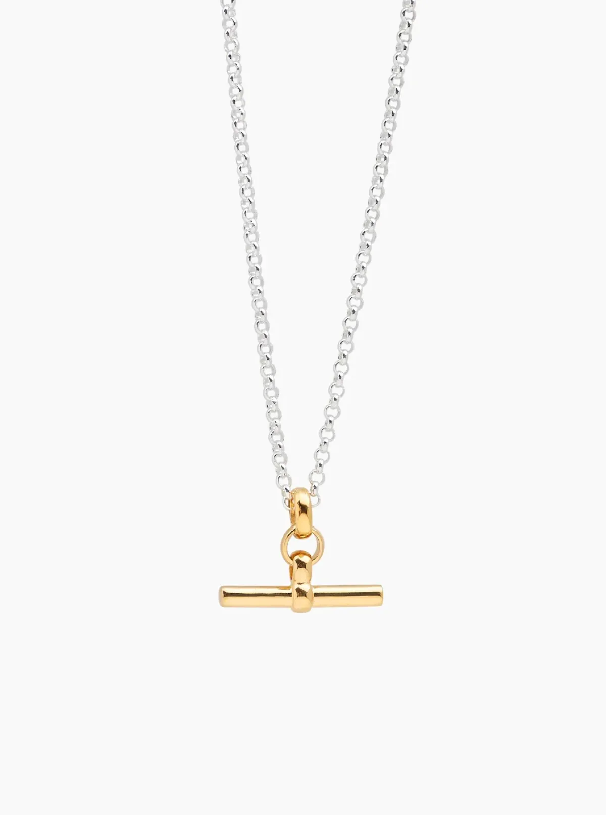 Tilly Sveaas TS Gold T Bar Necklace on Silver Belcher Chain