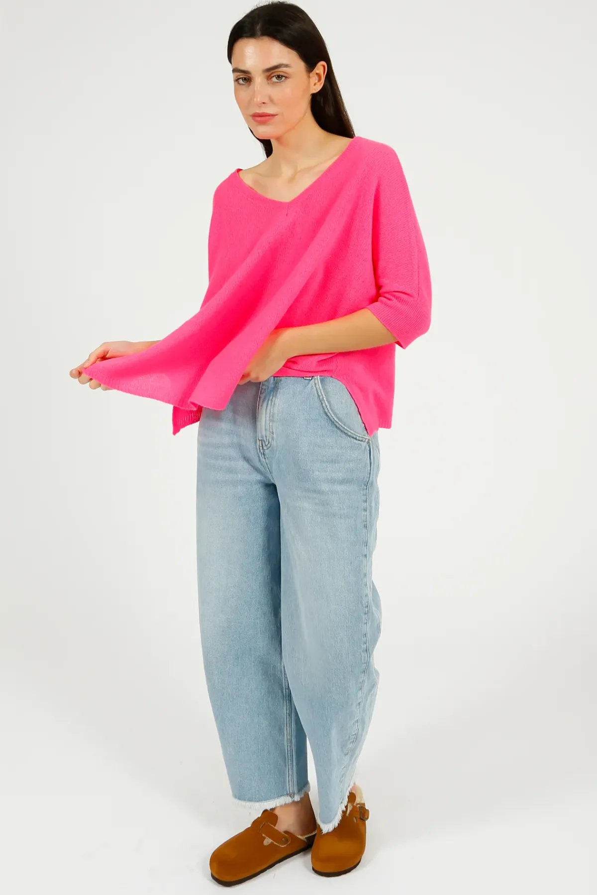 VK Cashmere VK Katji V Neck Half Sleeve Knit in Hot Pink
