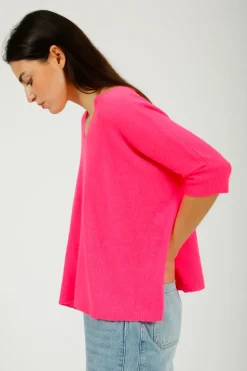 VK Cashmere VK Katji V Neck Half Sleeve Knit in Hot Pink